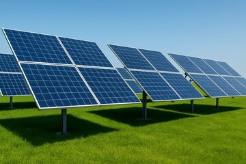 Solar Panels Array in a Green Field under a Clear Blue Sky