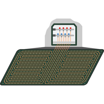 Illustration of Radiant Floor Heating System With Control Panel Showing Four Circuits and Orange Tubing Laid Out In Parallel Rows On A Dark Green Substrate With A Transparent Background