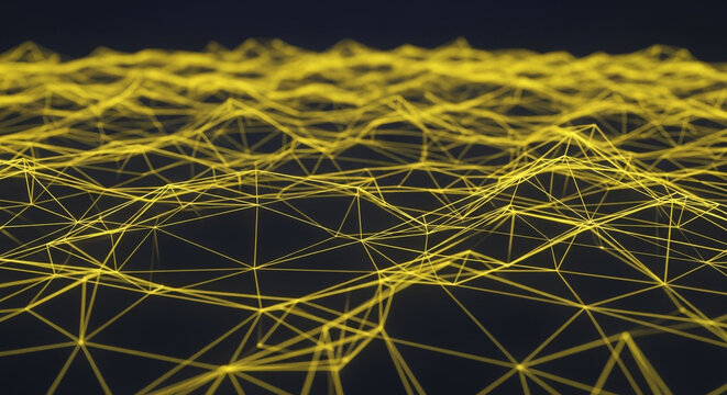 Abstract futuristic background with a glowing yellow wireframe mesh representing a complex network.