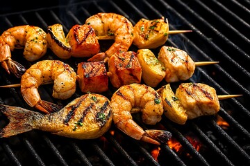 Delicious grilled shrimp skewers cooking on a hot barbecue grill.