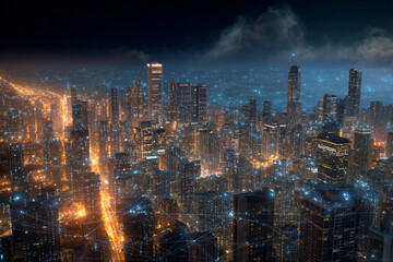 Fototapeta premium A sprawling illuminated city skyline at night with an overlay of blue digital network connections