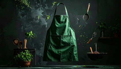 Green apron floating with cooking utensils in cinematic lighting 
