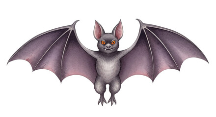Obraz premium A detailed illustration of a grey bat with large spread wings and orange eyes.
