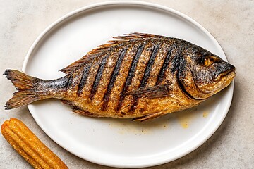Whole grilled fish served on a white plate with corn.