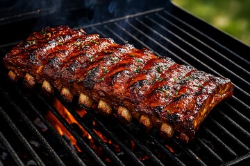 Delicious barbecued goat ribs cooking on a gril.