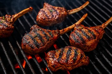 Juicy lamb chops grilling on a hot barbecue grill.