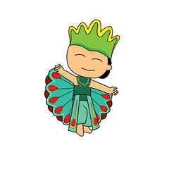 Cartoon character dancer with vibrant peacock headdress and fan, showcasing traditional Indonesian dance