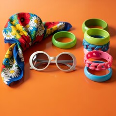 Vibrant retro fashion accessories: floral headscarf, round sunglasses, colorful bangles on orange