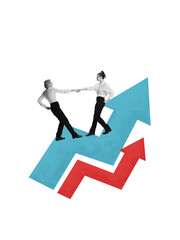 Fototapeta premium Dynamic graphic composition of two businesswomen balancing on rising arrows. Concept of teamwork, coordination, strategic movement and emotional progress under pressure.