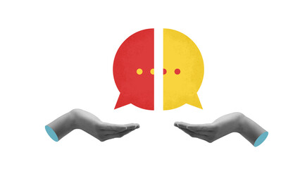 Minimal graphic collage of speech bubbles supported by open hands. Concept of communication...