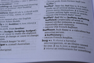 Fototapeta premium Close Up Of English Definition Dictionary Page Word Of - buffoon