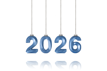 Blue numbers 2026 on a string isolated on a transparent background with clipping path. A design element for New Year and Christmas postcards