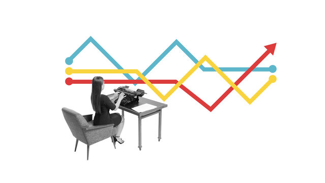 Creative graphic artwork of a woman typing as colorful data lines rise behind her. Concept of data-driven work, reporting, emotional focus and practical information processing. - Powered by Adobe