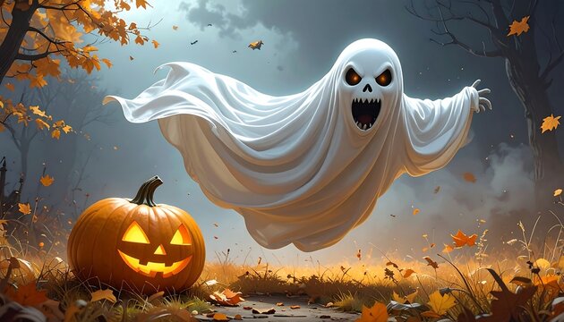 A spectral apparition with glowing eyes floats above a glowing Jack O'Lantern. Autumn leaves and a forest backdrop complete the scene
