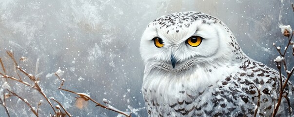 Snowy owl standing in a winter forest