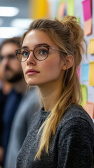 Professional young woman with blonde hair and glasses looks up, deeply focused during an important group discussion.