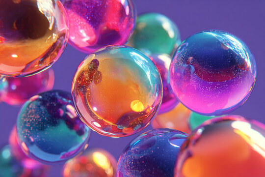 Vibrant translucent spheres float gracefully showcasing a mesmerizing play of light and glitter against a rich purple backdrop creating a dazzling abstract visual