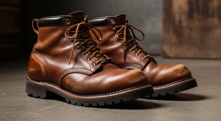 A pair of rugged brown leather work boots, well worn and ready for adventure, standing on a concrete surface