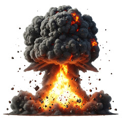 Massive fiery explosion creating a large mushroom cloud isolated on transparent background