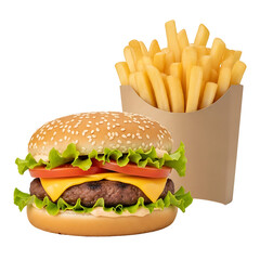 Cheeseburger with french fries isolated on transparent background