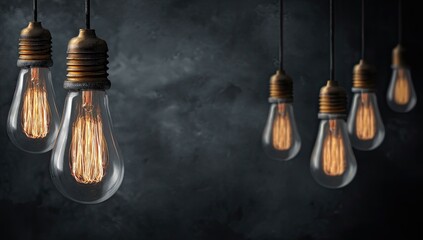 Antique style light bulbs hang against a dark, textured wall