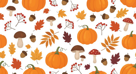 A vibrant seamless pattern featuring autumn elements like orange pumpkins, colorful leaves, mushrooms, acorns, and red berries on a white background.