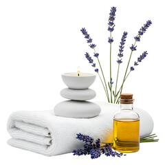 Spa treatment arrangement with lavender, candle, and oil isolated on transparent background