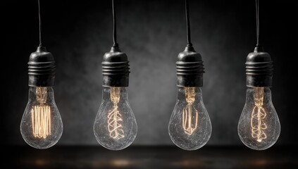 Row of four lit incandescent lightbulbs hanging against a dark, textured background