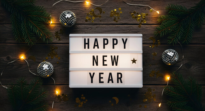 Happy New Year Greeting on Light Box with Christmas Decor and Disco Ball