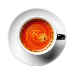 Top view of fresh espresso coffee with crema in white cup isolated on transparent background