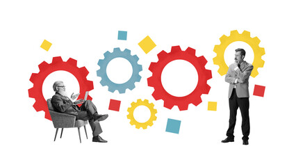 Modern graphic artwork of two businessmen surrounded by colorful gears. Concept of operational decision-making, workflow structure, emotional evaluation and practical process analysis.