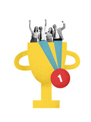 Vibrant graphic collage of a business team celebrating inside a giant trophy. Concept of goal...