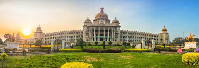Panoramic view of Vidhana Soudha, the iconic government building in Bengaluru, India, captured...