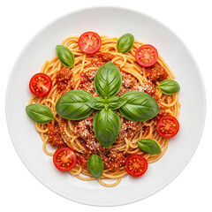 Plate of spaghetti bolognese pasta garnished with fresh basil leaf isolated on transparent background