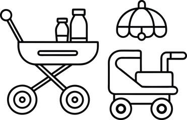 Baby stroller and infant accessories line art icons on white background.