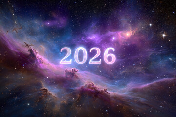  Cosmic nebula shaped into glowing 2026 digits in deep space.
