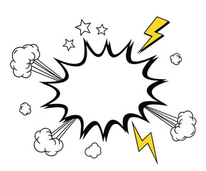 High-Energy Comic Speech Bubble Vector with Cartoon Explosion, Lightning Bolts, Smoke Clouds, and Star Shapes for Dynamic Design Projects.