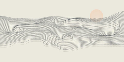 Vector abstract art landscape mountain with birds and sunrise sunset by blue line art texture isolated on white beige earth tone background.