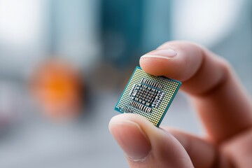 Semiconductor microchip processor pins on advanced electronic hardware for modern digital high-technology computing