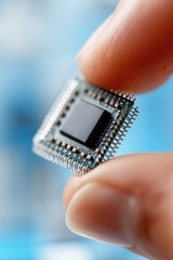 Closeup semiconductor microchip with advanced electronic processor pins showcasing modern digital high-technology computing