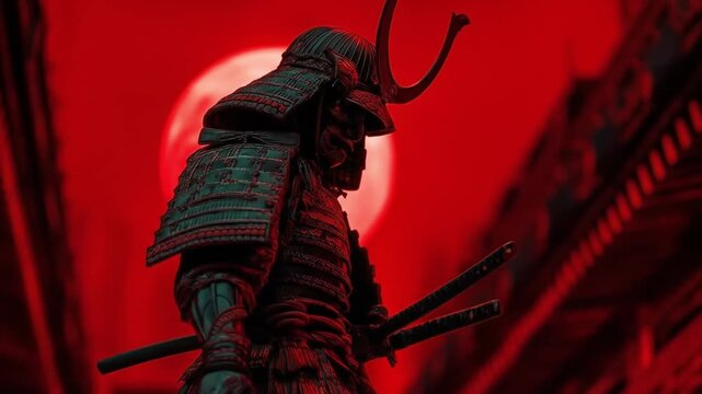 Lone armored samurai stands in a crimson alley, moonlit silhouette with dual blades drawn, dusk now