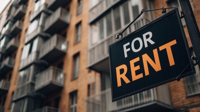 A bold "FOR RENT" sign hangs in front of a modern apartment building, signaling opportunity and new beginnings. The image conveys real estate, urban living, and possibility.