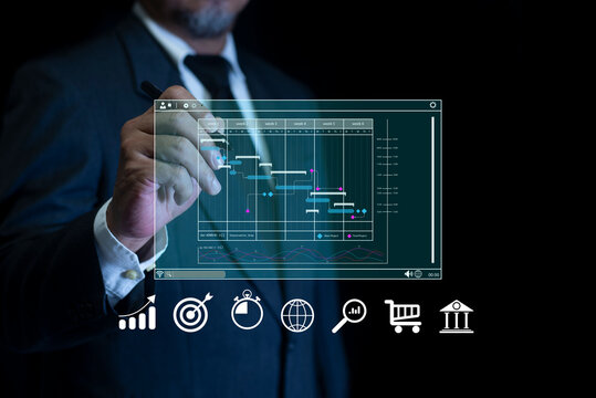 Business Project Management System. Manager working with Gantt chart schedule to plan tasks and progress, finance, operations, sales, marketing for company on virtual screen.