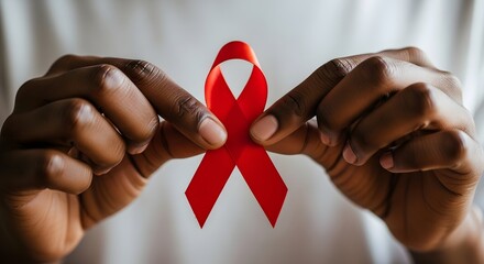 African American hands tenderly holding red ribbon for AIDS awareness symbolizing hope, solidarity, and compassion during World AIDS Day campaign