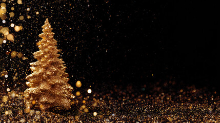 Golden decorated New Year and Christmas tree on the black background with gold glitter and dust. Elegant banner for holiday greetings, branding design, party announces and marketing sales.