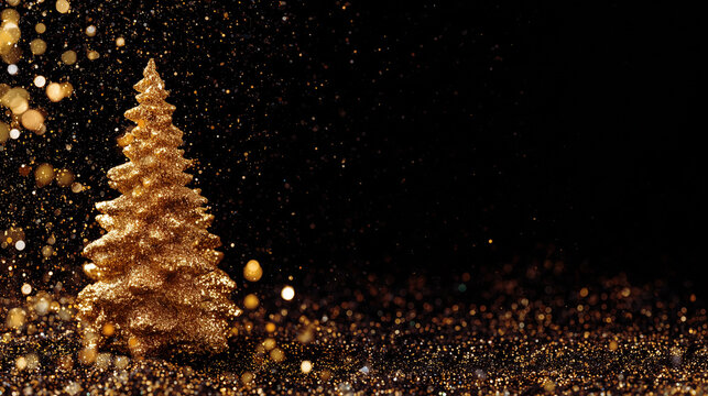 Golden decorated New Year and Christmas tree on the black background with gold glitter and dust. Elegant banner for holiday greetings, branding design, party announces and marketing sales.