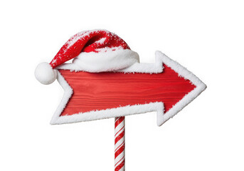 Red arrow sign a festive santa hat on a candy cane pole, pointing right, isolated on transparent background