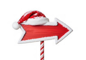 Red arrow sign a festive santa hat on a candy cane pole, pointing right, isolated on transparent background