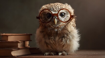 Obraz premium Adorable Baby Owl with Glasses Sitting Next to Stack of Books.