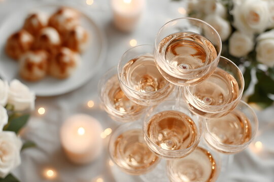 Rose champagne pyramide glasses on dessert table with candles and flowers  